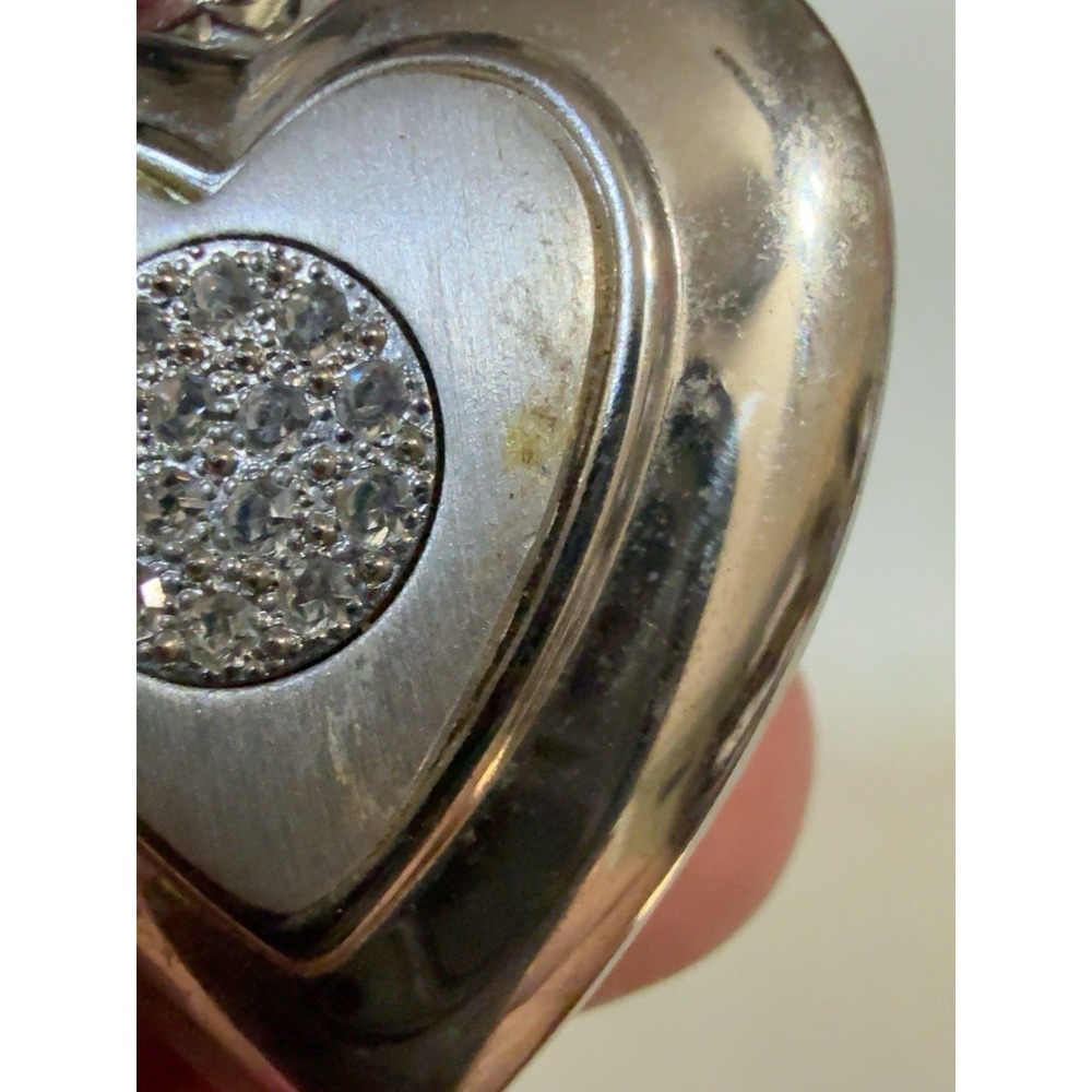 T20158-Vintage Silver Tone Heart Locket Necklace Rhinestone Crystal Pendant - Picture 6 of 7